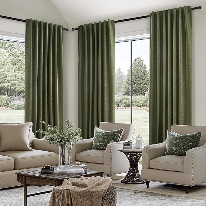 Topfinel 100 Inch Long Black Out Custom Curtains, Olive Green Pleated Window Coverings, Nursery Winter Boho Farmhouse Heat Sound Block Back Tab Curtains for Sliding Door Bay Window