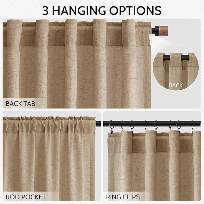 Sand Beige Linen 112 Inch Curtains for Living Room Simple Modern Light Filtering Semi Sheer Curtain Back Tab Rustic Luxury Home Decor Drapes Floor to Ceiling High Window for Bedroom 52x112, 2 Panels