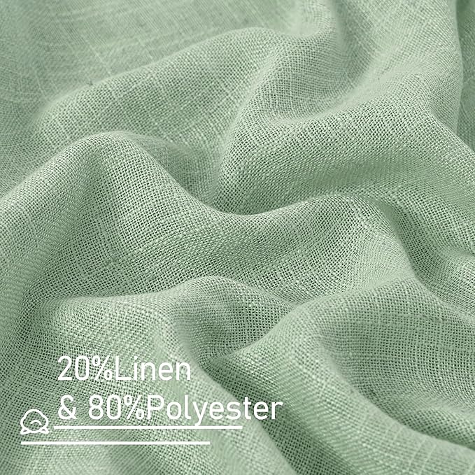 LAMIT Fresh Green Linen Boho Curtains 68 inch Length 2 Panels, Light Filtering Semi Sheer Panels Back Tab and Rod Pocket Neutral Drapes for Bedroom/Living Room, 52 x 68 Inch