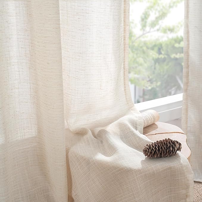 BGment Oatmeal Linen Semi Sheer Curtains 63 Inch Length for Living Room - Rod Pocket Light Filtering Drapes Lightweight Camel Window Treatments for Bedroom Farmhouse, 2 Panels Set, 52 X 63 Inch