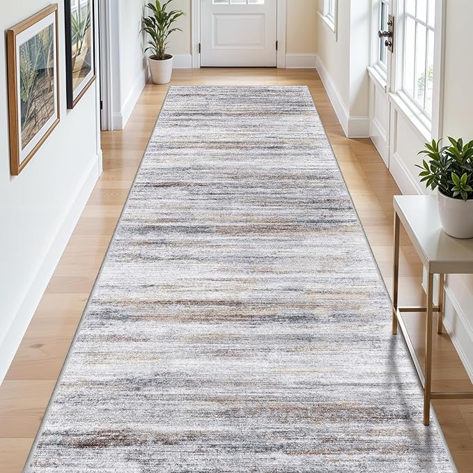 4x10 Wide Washable Runner Rug: Easy-to-Clean Runners for Hallway Entryway Kitchen Bedroom Living Room - Stain and Water Resistant Rugs with Non-Slip Backing - Soft Low-Pile Carpet Beige Grey