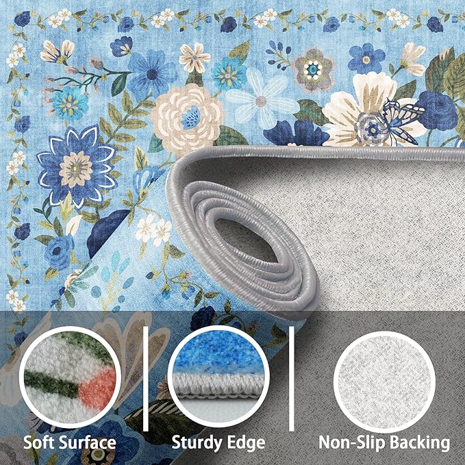 Area Rug 4x6 Rug Washable Boho Rugs Non Slip Low Pile Floral Small Carpet for Bedroom, Bedside, Kids Room, Office, Dining Room(Blue Garden, 4 x 6)