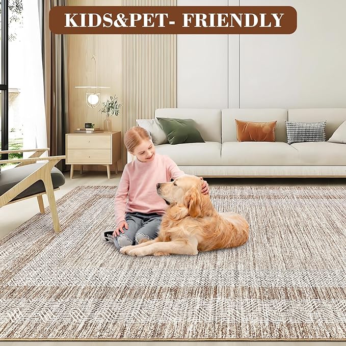 GarveeHome 2x6 Modern Bordered Runner Rug Soft Non Slip Runner Washable Non Shedding Floor Carpet, Distressed Geometric Hallway Runner, Indoor Printed Runner for Kitchen, Entrance, Brown