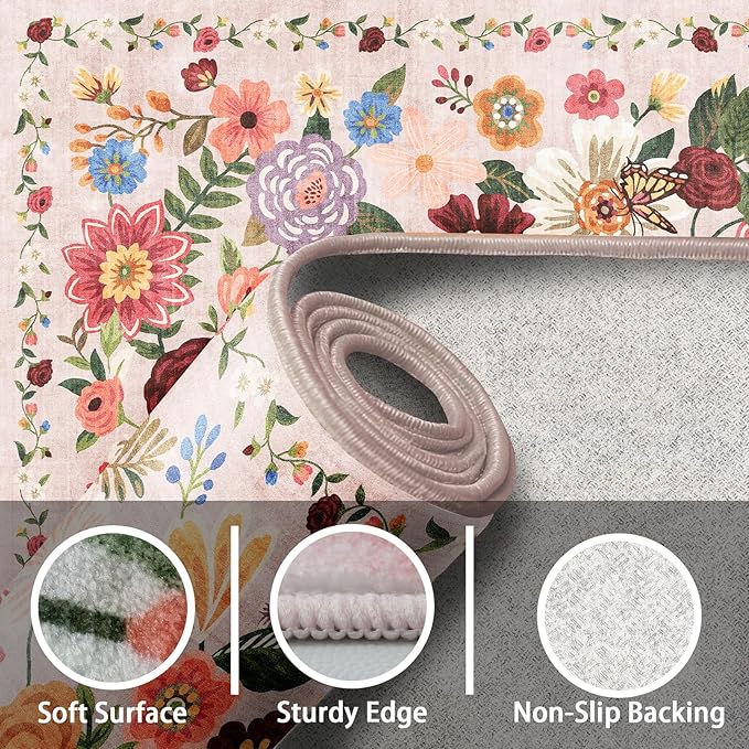 Pink Area Rug 4x6 Rug Washable Boho Rugs Non Slip Low Pile Floral Small Carpet for Bedroom, Bedside, Kids Room, Office, Dining Room(Light Pink, 4 x 6)