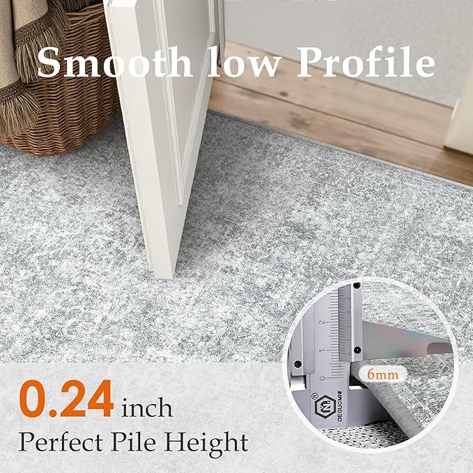 PureCozy 6x9 Area Rug Washable Vintage Living Room Carpet Large Indoor Non Slip Grey Bedroom Distressed Low Pile Retro Accent Throw Rug for Dining Room