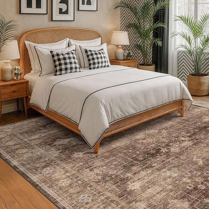 Hazo Haus Brown Rug for Living Room 10x12 - Large Vintage Western Eclectic Unique Neutral Taupe, Washable Low Pile Non-Slip Area Rug for Dining Under Table, Bedroom Under Bed, Home Office