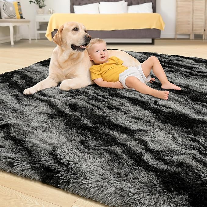 Tepook Soft Fluffy Rugs for Living Room, 5x8 Shaggy Area Rug for Bedroom, Modern Shag Rug Fuzzy Carpets for Kids, Plush Indoor Nursery Home Decor Rug with Non-Slip Bottom, Black Grey