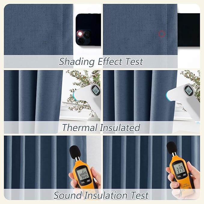 Guken 100% Blackout Curtains 90 Inch Length 2 Panels Set for Living Room Bedroom Back Tab Thermal Insulated Black Out Linen Drapes Room Darkening Window Curtains 90 Inches Long,Denim Blue
