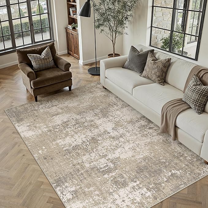PureCozy Beige Area Rug 6x9 Machine Washable Modern Abstract Living Room Carpet Non Slip Neutral Low Pile Soft Non Shedding Bedroom Contemporary Large Rug Indoor Office Dining Room Playroom