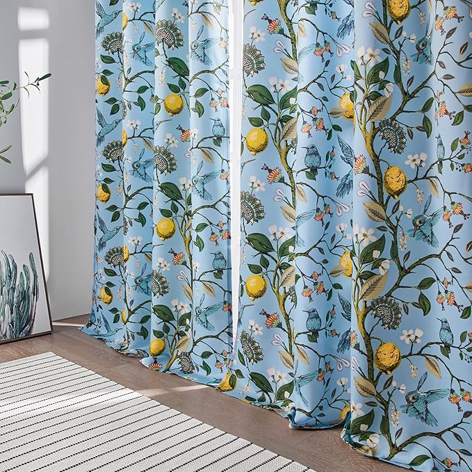 Topfinel Blue and Gold Unique Blackout Curtains 63 Inches Long 2 Panels, Floral Hummingbird Lemon Printed Colorful Energy Efficient Antique Noise Grommet Drapery Treatment for Window Nursery Classroom