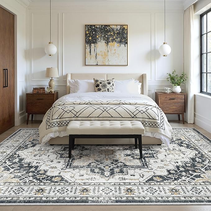 zesthome 5x7 Area Rugs, Machine Washable Rugs for Living Room, Bedroom,Stain Resistant Vintage Large Area Rug,Non-Slip Medallion Pattern Home Decor Rugs (Black,5'x7')