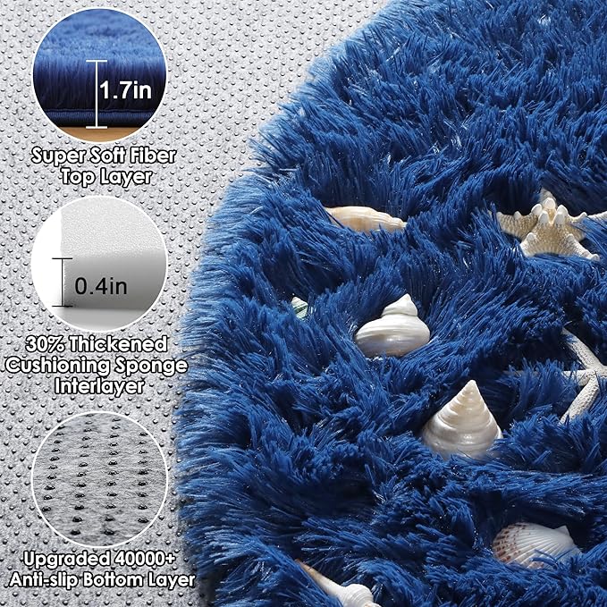 ONASAR Navy Blue Round Area Rugs 5ft, Soft Bedroom Circle Rug Floor Mat for Kids Girls Boys Teen Room, Fluffy Plush Shaggy Carpet for Baby Nursery Living Room Playroom Dorm Home Decor