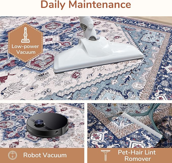 OPPODREAM Soft Entryway Rug 2x8, 2x8 Rug Runner, Washable Hallways Carpet 2 x 8 with Non Slip Backing, Low-Pile Bedside Carpet 2 x 8, Long, Faux Cashmere, Navy Blue & Red & Cream