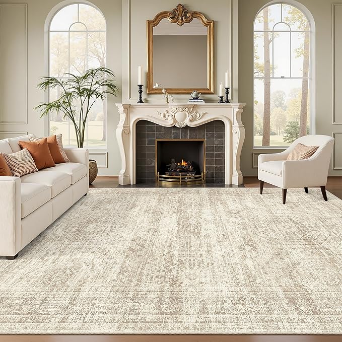 9x12 Area Rugs for Living Room, Non Slip Machine Washable Vintage Rugs, Low Pile Lightweight Large Rug for Bedroom, Dining Room, Home Office Beige