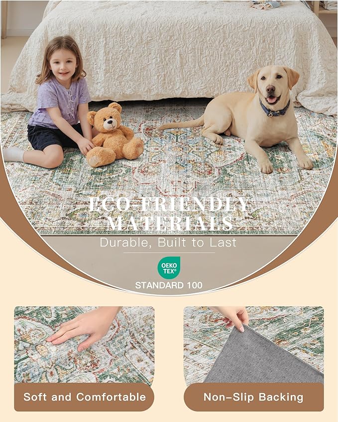 Madane Washable Area Rug 2x3, Small Entryway Rug Non-Slip Vintage Door Mat Indoor Entrance, Low Pile Floor Carpet for Inside Front Door Bedroom Kitchen Entry Laundry (2'x3', Green)