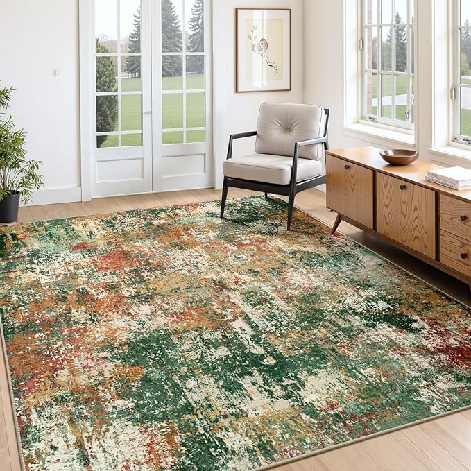 Washable Area Rugs 4'x6' Non-Slip Modern Abstract Soft for Living Room Entryway Bedroom Nursery, Print Pattern, Green Orange Rust Red Cream Colorful