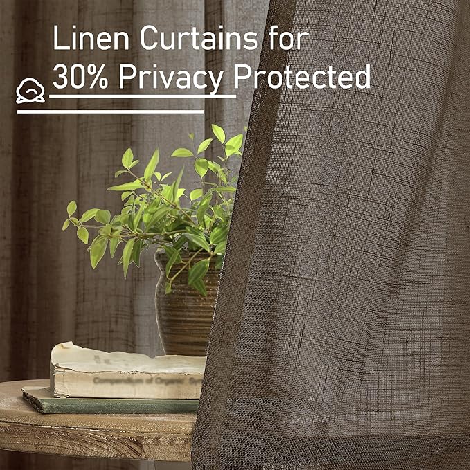 LAMIT Linen Curtains 45 Inch Length 2 Panels, Light Filtering Panels Back Tab and Rod Pocket Neutral Drapes for Kitchen/Window/Loft Room/Bedroom, 34 x 45 Inch Dark Brown