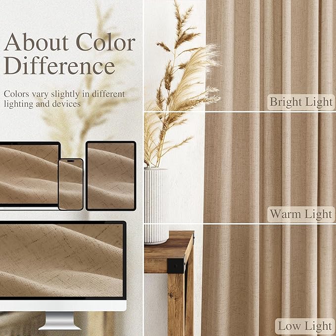 Sand Beige Linen Curtains for Living Room 98 Inches Long Simple Modern Light Filtering Semi Sheer Curtain Back Tab Rustic Farmhouse Luxury Home Decor Drapes for Bedroom Dinner Room 52x98, 2 Panels