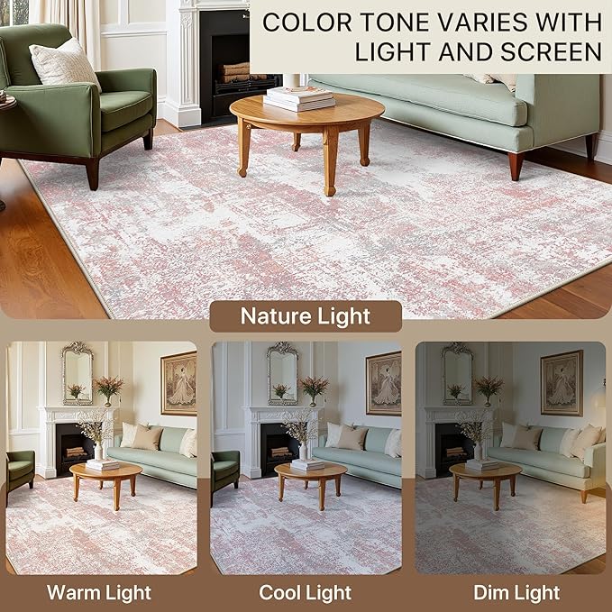 BEIMO Area Rugs 6x9 for Living Room Bedroom, Modern Abstract Machine Washable Rug, Large Soft Low Pile Floor Carpet with Non Slip Backing for Dining Room, Pink/Grey