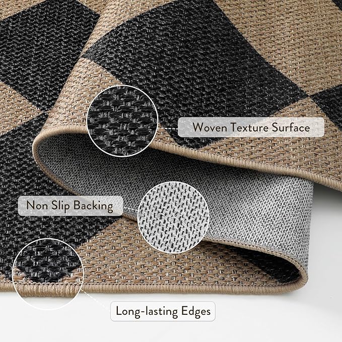 Lahome Colette Checkered Easy Jute Runner Rug, 2x6 Kitchen Mats for Floor Washable Entryway Runner, Checkerboard Black Indoor Outdoor Carpet for Hallway 6ft Entry Laundry