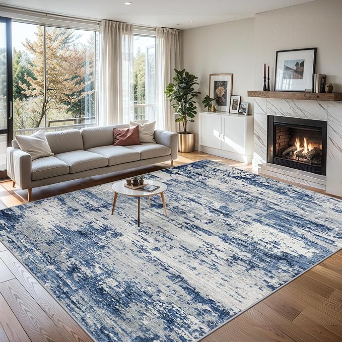 Area Rugs Living Room Rug - 4x6 Washable Modern Abstract Soft Neutral Non-Slip Carpet Large Indoor Floor Thin Carpets for Bedroom Dining Room Farmhouse Nursery Home Office Blue Gray