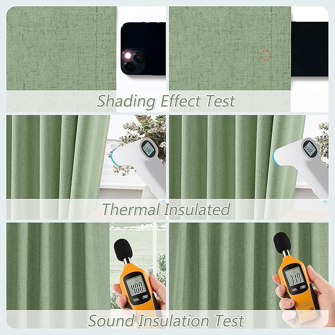 Guken 100% Blackout Linen Curtains 100 Inch Length 2 Panels Set for Living Room Bedroom Back Tab Thermal Insulated Black Out Linen Drapes Room Darkening Window Curtains,Light Sage