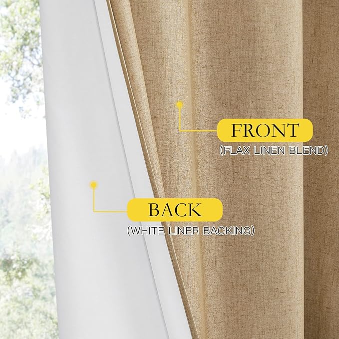 NICETOWN 100% Absolutely Blackout Linen Curtains with Thermal Insulated White Liner, Camel, W34 x L90, 2 Panels, Long Curtains 90 inch Length for Patio Door, Doorway, Office, Overnight Shiftworker