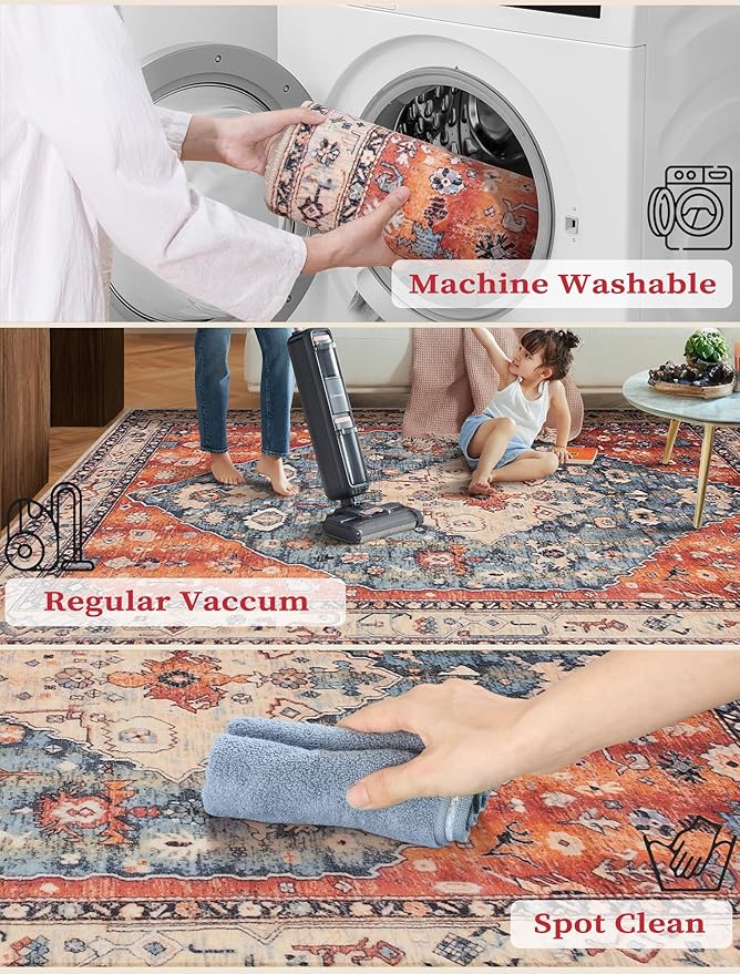 SERISSA Boho Washable Runner Rug, 2x6 Rug Non-Slip Tribal Hallway Kitchen Runner Rug Ultra Soft Print Distressed Vintage Floor Carpet for Bedroom Bathroom Laundry Living Room