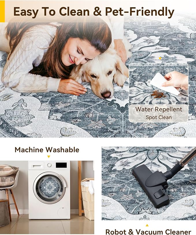Area Rugs 4ft Washable Non-Slip, Floral Vintage Distress Print Pattern Medallion Carpet for Living Room Bedroom Dining Room, Light Gray Grey White