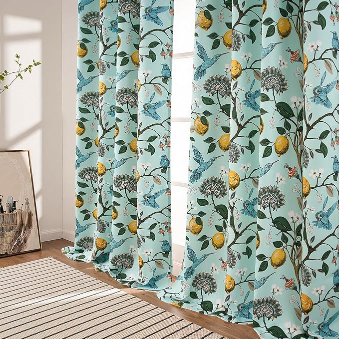 Topfinel 96 Inches Long Floral Curtains Unique Cottagecore Whimsical Vintage Pretty Fun Floral Hummingbird Patterned Double Sided Grommet Green Print Drapes Two Pages for Bedroom Living Room Dining