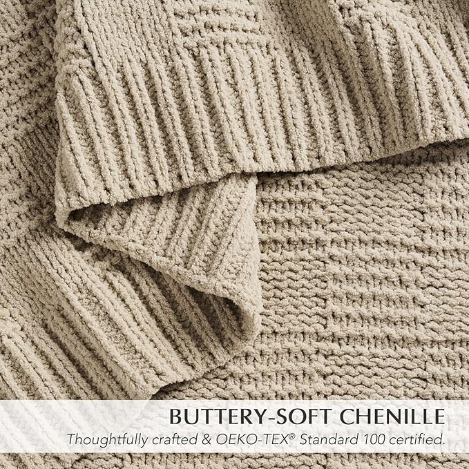 EVERGRACEHOME Modern Checkered Chenille Throw Blanket, Soft Cozy Plaid Knitted Chair Blanket for Sofa Couch, Decorative Knit Throw for Bed and Living Room, Sand Dune, 50" x 60"