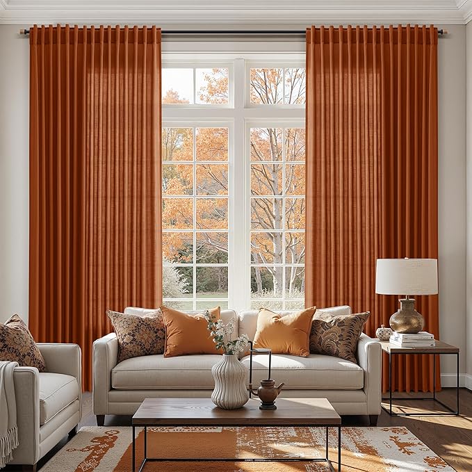 Nanspring Rust Linen Curtains 102 Inches Long for Living Room Light Filtering Semi Sheer Curtain Back Tab and Rod Pocket Vintage Rustic Luxury Home Decor Drapes for Bedroom Office 52x102, 2 Panels