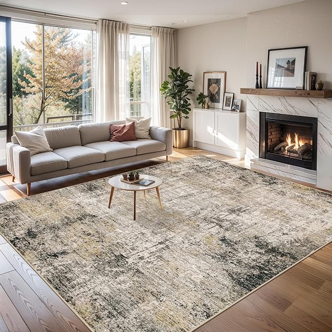 Area Rugs 9x12 Living Room - Washable Rug Modern Abstract Soft Large Neutral Non-Slip Carpet Indoor Floor Thin Carpets for Bedroom Dining Room Farmhouse Nursery Home Office Brown Black Grey
