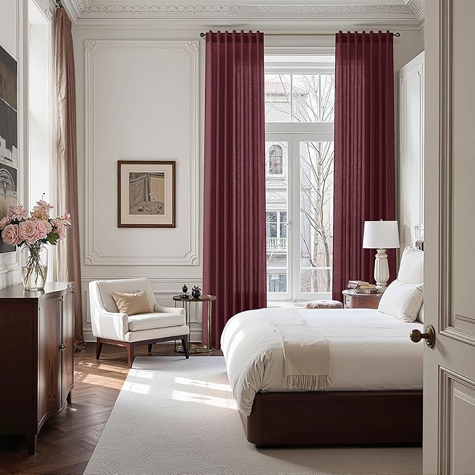 Nanspring Burgundy Linen Curtains for Living Room 126 Inches Long Light Filtering Semi Sheer Curtain Back Tab Vintage Boho Decor Drapes Floor to Ceiling High Window for Bedroom 52x126, 2 Panels