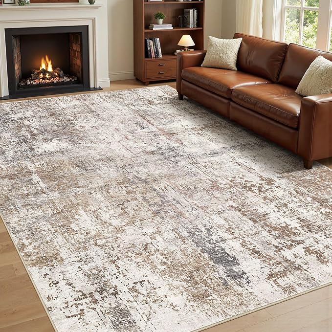 Area Rug Living Room Rugs - Washable Neutral Modern Abstract Soft Thin Rug Indoor Floor No Slip Rug Carpet for Bedroom Under Dining Table Home Office Decor - Brown/Grey/Red - 9x12