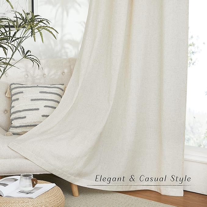 NICETOWN Flax Linen Semi Sheer Curtains 96 inches Long, Grommet Vertical Drapes Privacy Added with Light Filtering Window Treatments for Bedroom/Living Room, Natural, W55 x L96