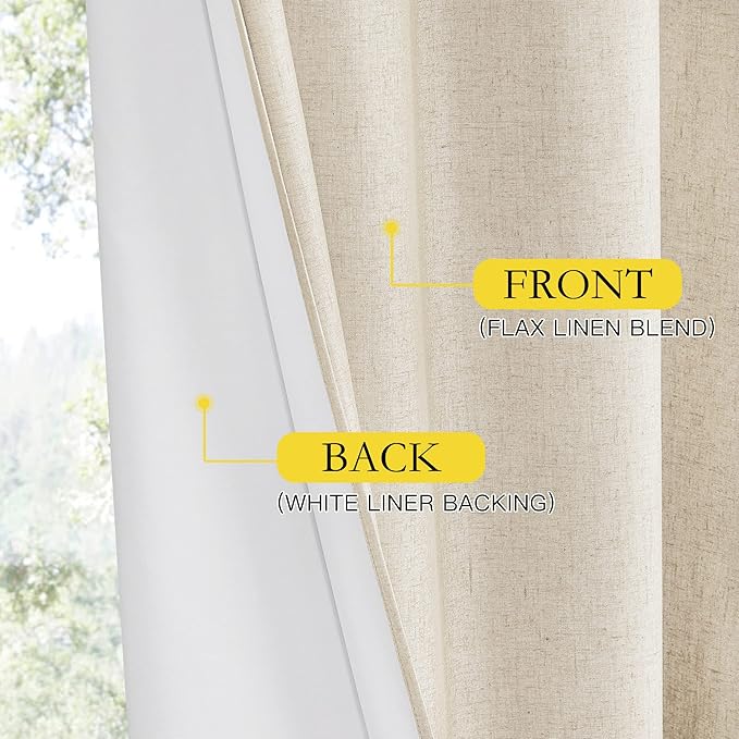 NICETOWN 100% Absolutely Blackout Linen Curtains with Thermal Insulated White Liner, Beige, 52" Wide by 48" Long, 2 Pieces, Anti-Rust Grommet Natural Burlap Fabric Window Drapes for Bedroom/Kids Room