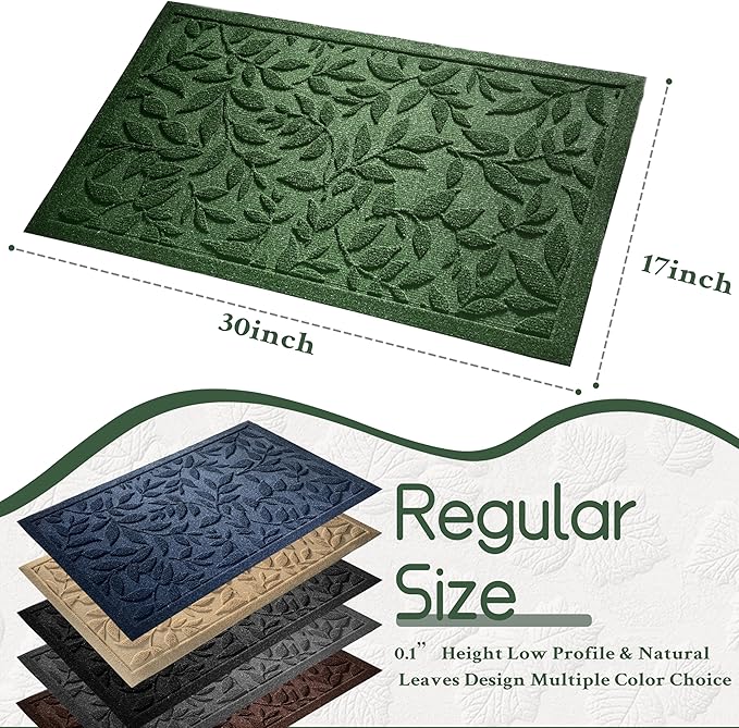 Boho Green Floral Leaves Outdoor Indoor Entrance Doormats, Absorbent Durable Heavy Duty Welcome Front Door Mat,Thick Natural Rubber Back,Easy Clean Entryway Mat 17x30 Inch, Low Profile