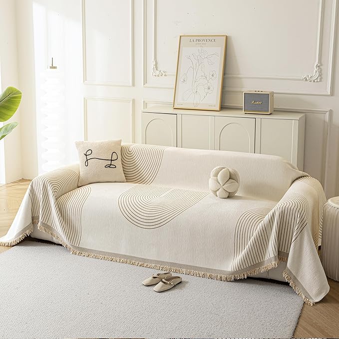 Boho Sofa Covers for 2 Cushion Couch, Chenille Sofa Slipcover for Pets Washable, L-Shape Sectional Loveseat Cover Soft Throw Blankets with Tassels(71x102,Arc Beige)