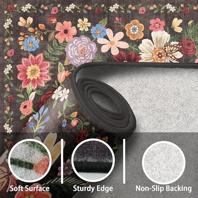 Washable Area Rug 8x10 Black/Brown, Large Soft Rugs for Living Room Floral Carpet 8x10 Area Rugs for Bedroom Dining Room Non-Slip Stain Resistant Under Table Rug (8 x 10, Black/Brown