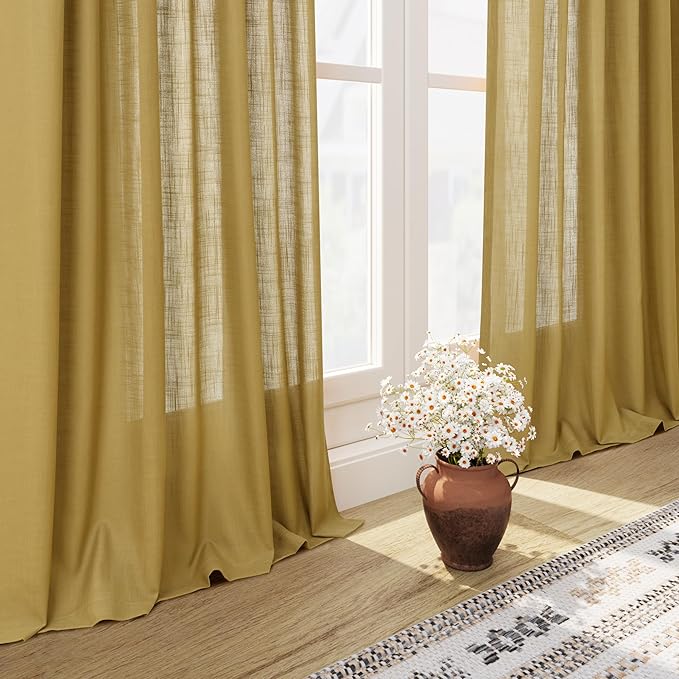 Nanspring Gold Linen Curtains 72 Inch Length for Living Room Semi Sheer Light Filtering Door Drapes 2 Panels Set for Kids Bedroom Light Filtering Back Tab Rod Pocket Modern Farmhouse Decor 52x72