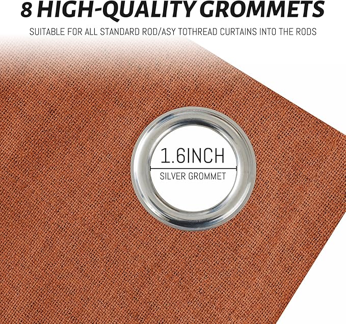 Yakamok Burnt Orange Linen Curtains 100% Blackout 84 Inches Long,Room Darkening Textured Curtains for Living Room Thermal Grommet Bedroom Curtains 2 Panels with White Liner