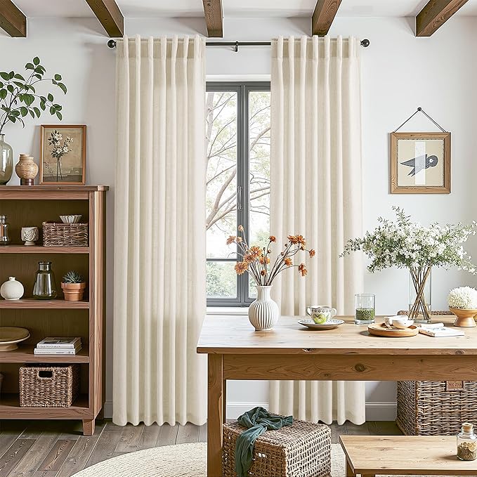 Birch Beige Linen Curtains for Living Room 105 Inches Long Light Filtering Semi Sheer Curtain Back Tab Modern Farmhouse Decor Elegant Luxury Coastal Drapes for Bedroom Dinner Room 52x105, 2 Panels