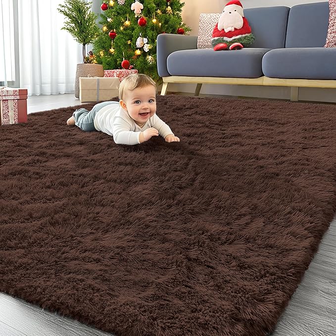 OLANLY 7x12 Machine Washable Large Area Rugs for Living Room, Bedroom, Soft Fluffy Shaggy Bedside Rug, Indoor Floor Carpet for Kids Girls and Boys, Dorms, Nursery, Home Decor Aesthetic, Coffee