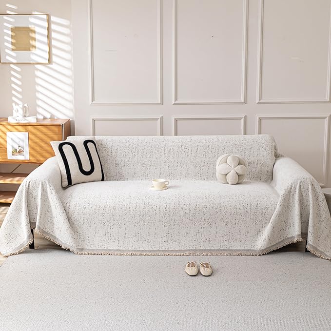 Boho Chenille Couch Cover for Dogs, Non Slip Sofa Cover, Couch Slipcover Covers for 3 Cushion, Furniture Protector with Tassels for Pets Washable, 71"x118", Speckled Beige