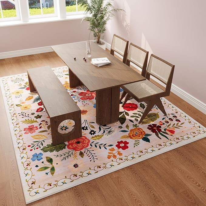 Rugcomf Area Rugs 8x10 Rug for Living Room Clearance Washable Boho Area Rug Non Slip Floral Vintage Low Pile Large Rug for Living Room, Bedroom, Farmhouse, Dining Room, Kids Playroom(Beige)