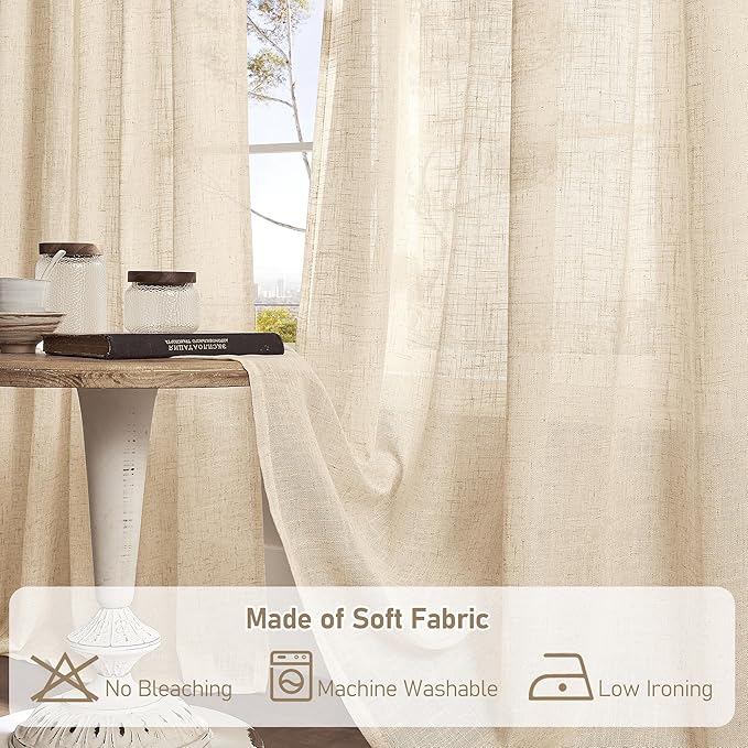 LAMIT Light Filtering Linen Curtains 78 inches Long for Bedroom, Faux Linen Textured Semi Sheer Back Tab and Rod Pocket Boho Modern Drapes for Living Room/Farmhouse, Linen, 2 Panels, 52 x 78 Inch
