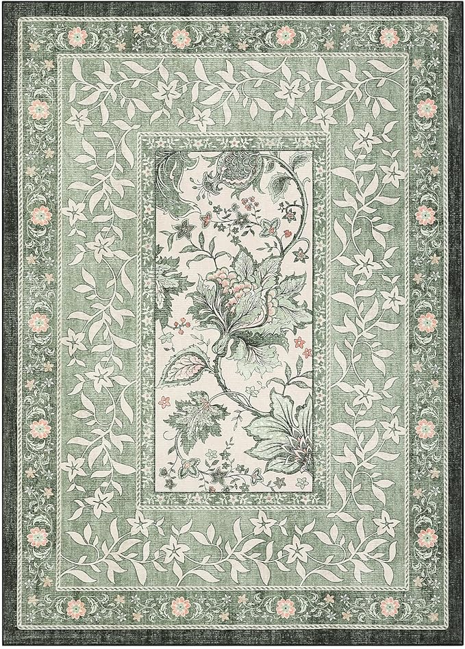 GarveeHome Provence Sage Green 6x9 Area Rugs, Botanical Grove Vintage Cottagecore Non-Slip Washable Rug for Living Room Bedroom Nursery Kitchen Low-Pile Retro Large Carpet