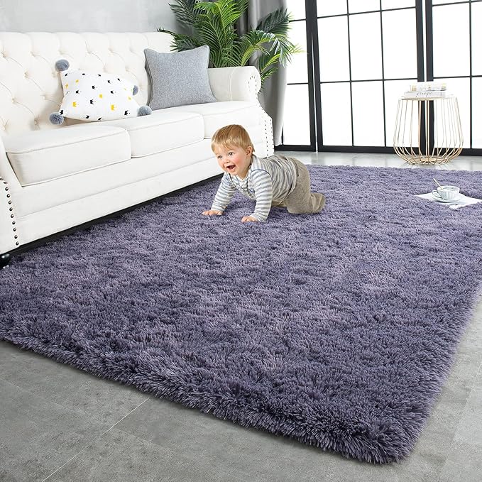 TWINNIS Super Soft Shaggy Rugs Fluffy Carpets 9x12 Feet, Indoor Modern Plush Area Rugs for Living Room Bedroom Kids Room Nursery Home Decor, Upgrade Anti-Skid Fuzzy Rug, Grey Purple