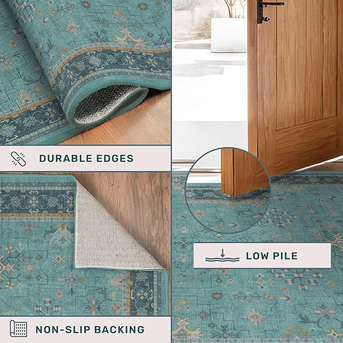 Boho 2'6"x10' Wide Hallway Runner Rugs - Teal 10ft Long Washable Indoor Floor Mats for Entryway, Non Slip with Rubber Backing, Floral Aqua Blue Unique Runner Décor